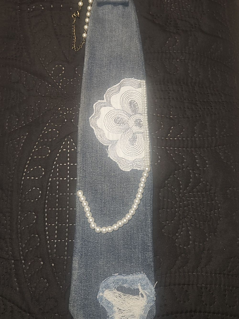 Denim Tie with White Lace Appliqué and Pearl Accent